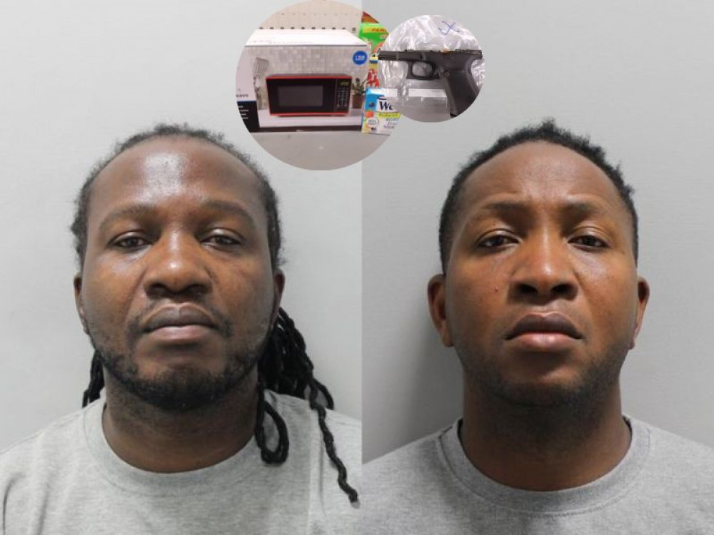 Edward Pink (left) and Cadien Pink (right) tried to import loaded firearms inside a microwave (inset)