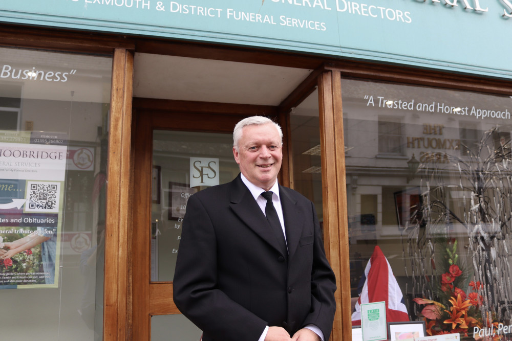 Paul Fudge outside Shoobridge Funeral Services on Exeter Road, Exmouth (Nub News/ Will Goddard)