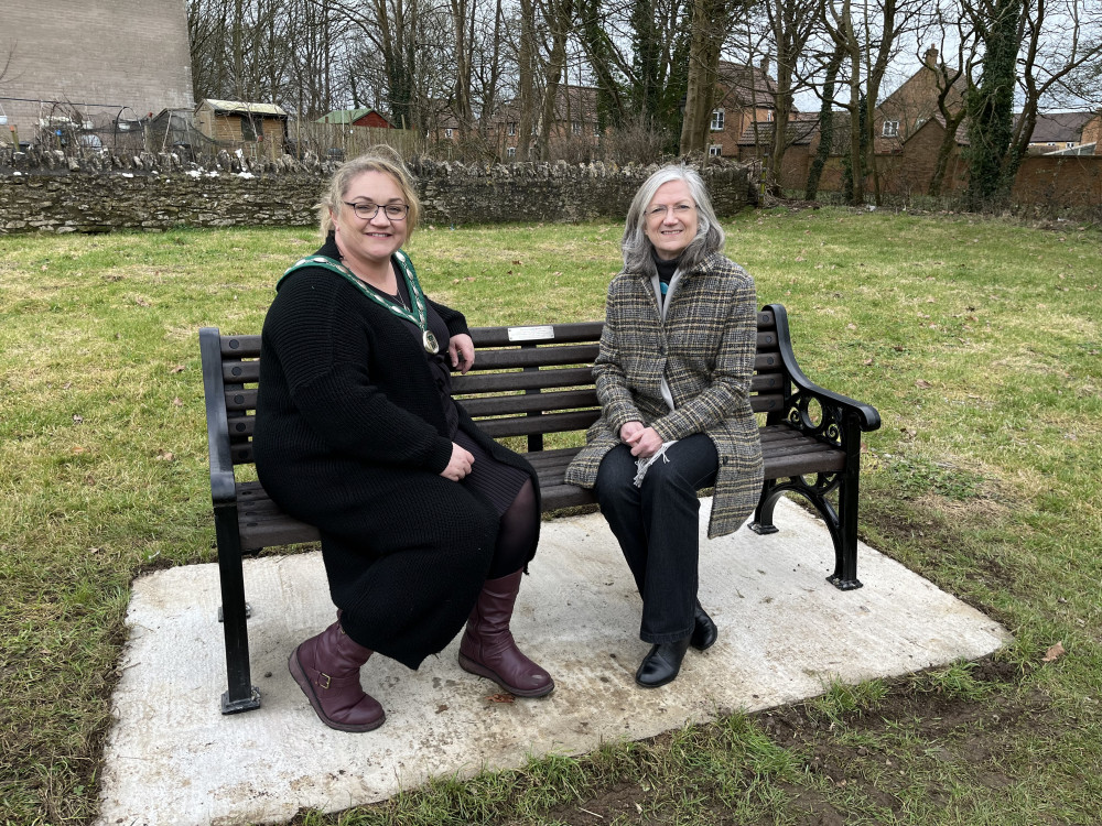 One of the newly installed Talking Benches with Chair of Mendip District Council, Cllr Helen Sprawson-White, and Cllr Heather Shearer.