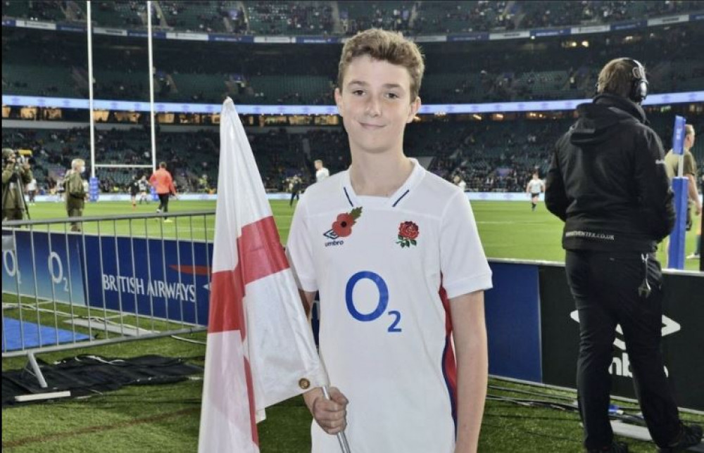 Inspirational Max Woosey, 13, at Twickenham Rugby Stadium. Credit: SWNS.