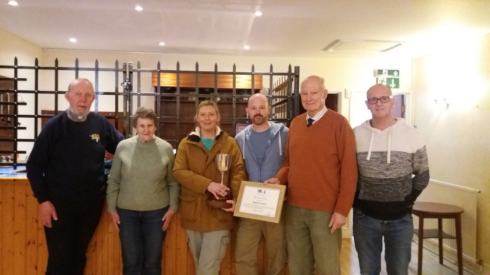 Pictured after the presentation of the Crediton Cup are (from the left): The Reverend Geoffrey Walsh (chaplain and secretary), Mrs Wendy Graham, CPO Jo Ashkettle RN (vice- chair), Mr Lee Davis, Mr Peter Slimon (chairman)and Mr Nick Goodwin Pictured after the presentation of the Crediton Cup are (from the left): The Reverend Geoffrey Walsh (chaplain and secretary), Mrs Wendy Graham, CPO Jo Ashkettle RN (vice- chair), Mr Lee Davis, Mr Peter Slimon (chairman)and Mr Nick Goodwin