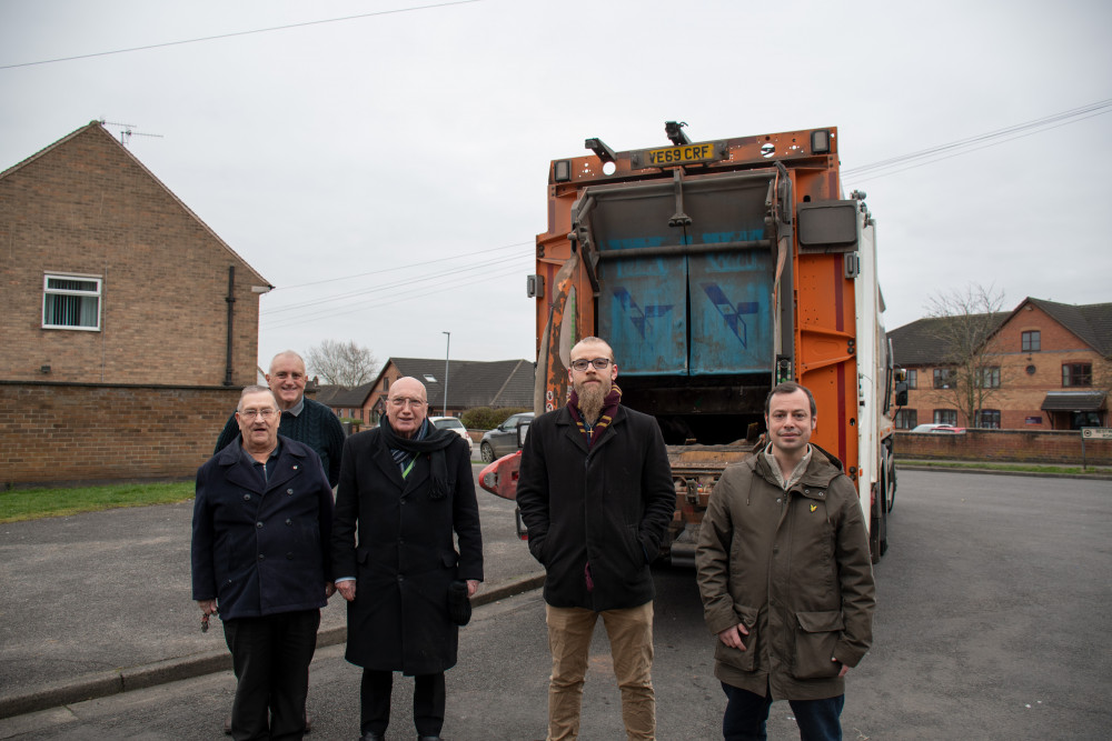 Pictured: Five of Hucknall's local Councillors with one of the Flying Skips. Photo courtesy of Ashfield District Council.