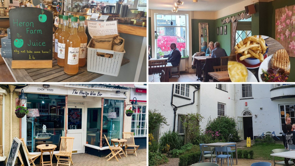 Top left: Heron Farm apple juice, R: Toast Bottom L: The Honiton Wine Bar (Credit: HWB) right: Boston Tea Party