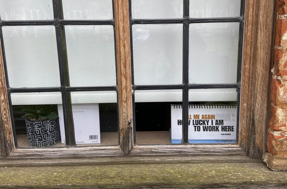 'Tell me again' spotted in Hadleigh town council window (Picture contributed)