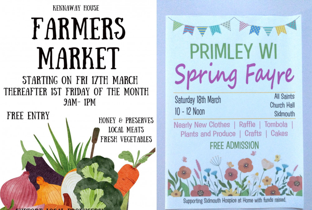 L: Farmers Market flyer (Kennaway House). R: Spring Fayre flyer (Primley WI)