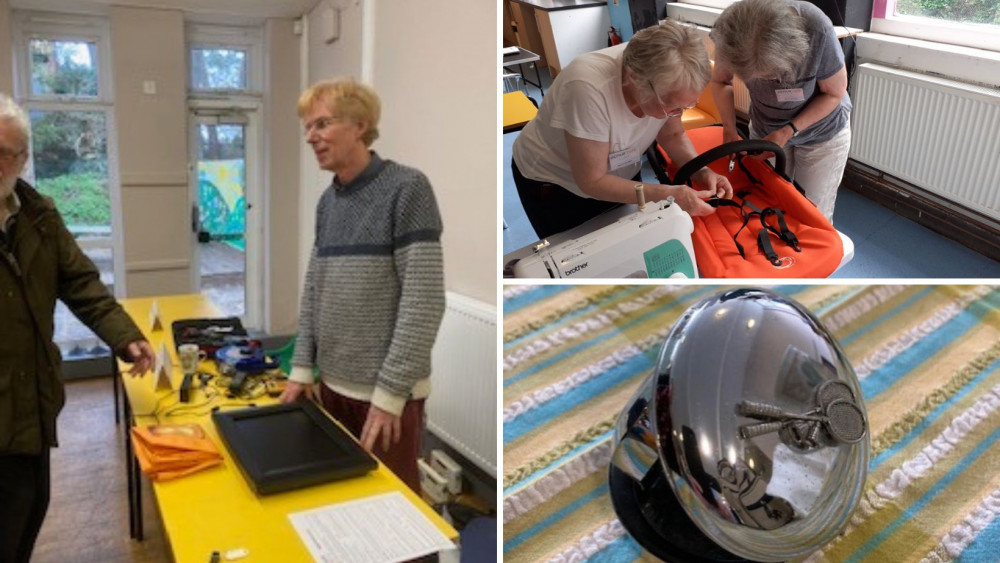 L: Honiton Museum's video equipment being fixed by Repair Café volunteer (Credit: Miriam Thomas) Top: A pram (Credit: Jim Rider) Bottom: An engraved clock (Credit: Miriam Thomas) 