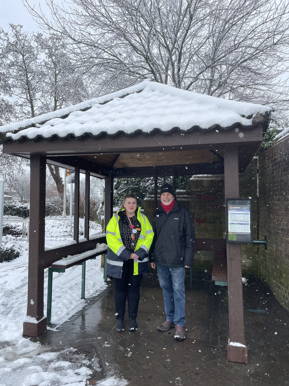 Laura Martin, Customer Experience Manager at Sainsburys and Cllr Philip Campagna outside Sainsbury's revamped bus stop Laura Martin, Customer Experience Manager at Sainsburys and Cllr Philip Campagna outside Sainsbury's revamped bus stop
