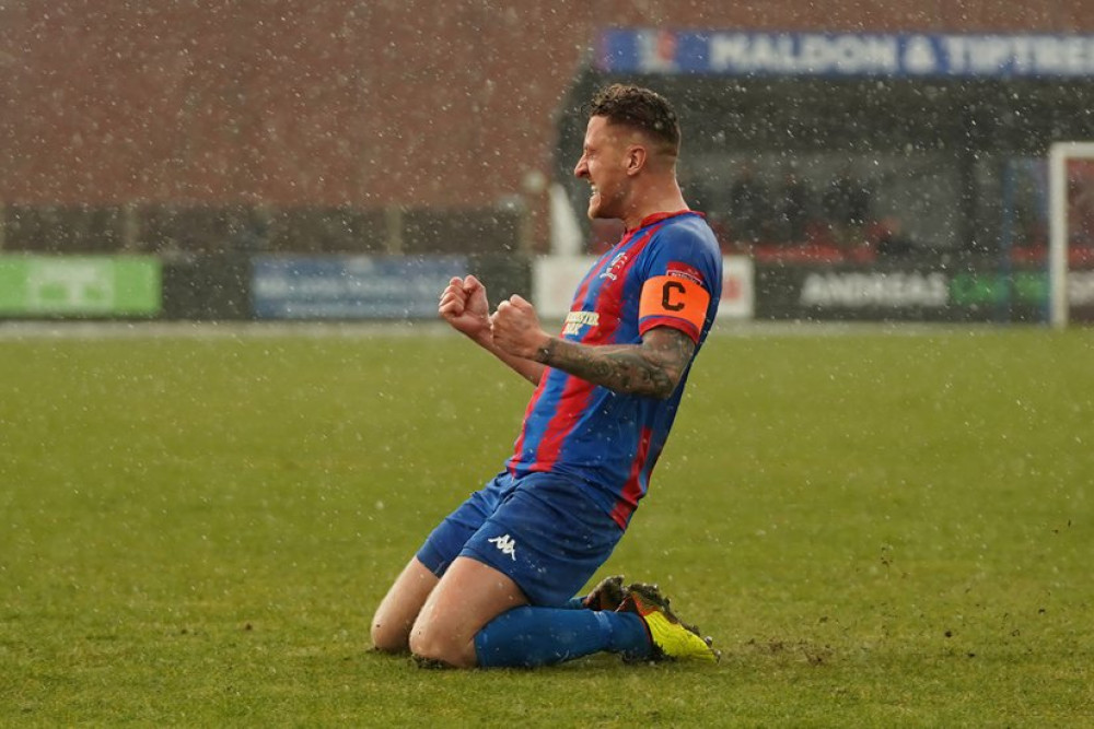 Maldon skipper Michael Finneran celebrated his third goal of the season with a knee slide. (Photo: Roy Warner)