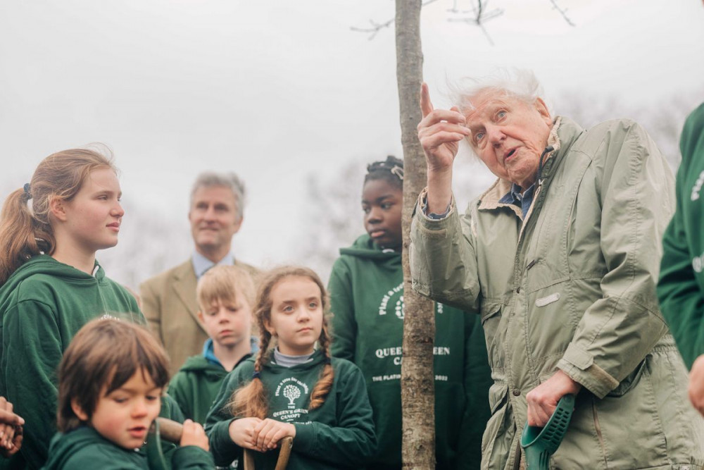 Sir David Attenborough was joined by local children as he has planted an English oak tree to officially open the Platinum Jubilee Woodland. Credit: The Royal Parks.