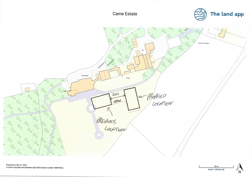 Drawing showing the previous, and new, marquee location at Came House, Dorchester