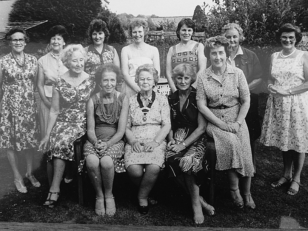 The Axminster Inner Wheel Club in 1983. Back row: Bernice Kingswell, Marjorie Rowe, Sue Mallett, Mary Moulding, Gill Frisby, Don Stock, Daphne Cooper. Front row (from the left): Kay Hole, Jean White, Hilda Draper, Lyla Houmsell, Marie Egerton.