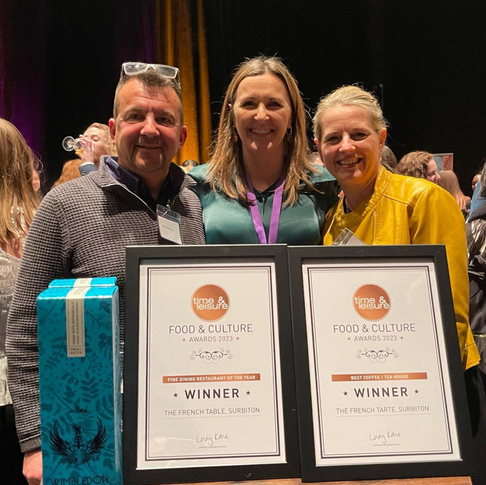 Eric and Sarah Guignard (far left and far right) with their awards for Best Coffee/Tea House and Fine Dining Restaurant of the Year at the 2023 Food and Culture Awards (Credit: The French Table)  