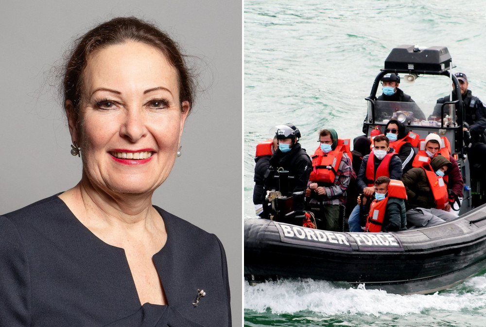 L: Anne Marie Morris MP (By Richard Townshend, CC BY 3.0, https://commons.wikimedia.org/w/index.php?curid=86673656). R: Border Force with asylum seekers (SWNS/ Steve Laws) L: Anne Marie Morris MP (By Richard Townshend, CC BY 3.0, https://commons.wikimedia.org/w/index.php?curid=86673656). R: Border Force with asylum seekers (SWNS/ Steve Laws)