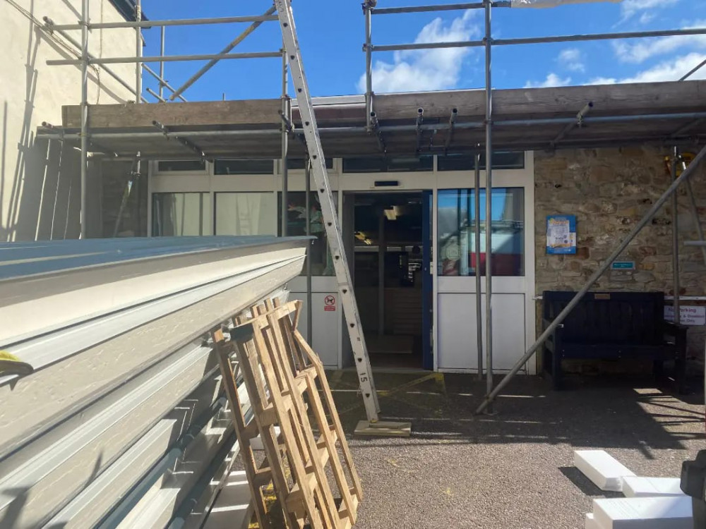 Scaffolding has been erected to allow for the new roof to be installed at Axminster Library (photo credit: Axminster Library)