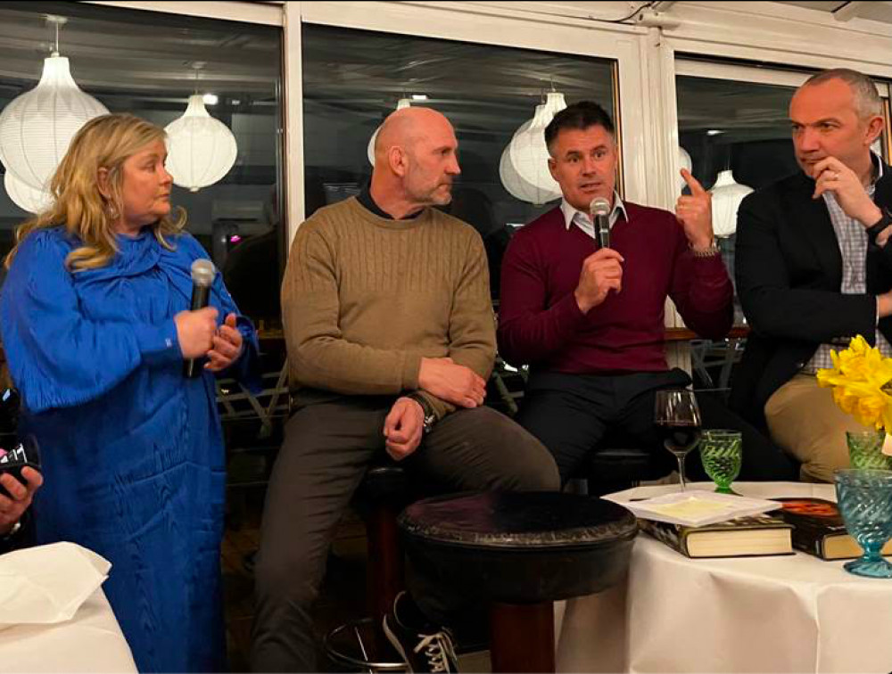 (L -R) SporTedd’s Alison Kervin puts rugby trio Lawrence Dallaglio, Kenny Logan and Conor O’Shea through their paces (Credit: Nub News) 