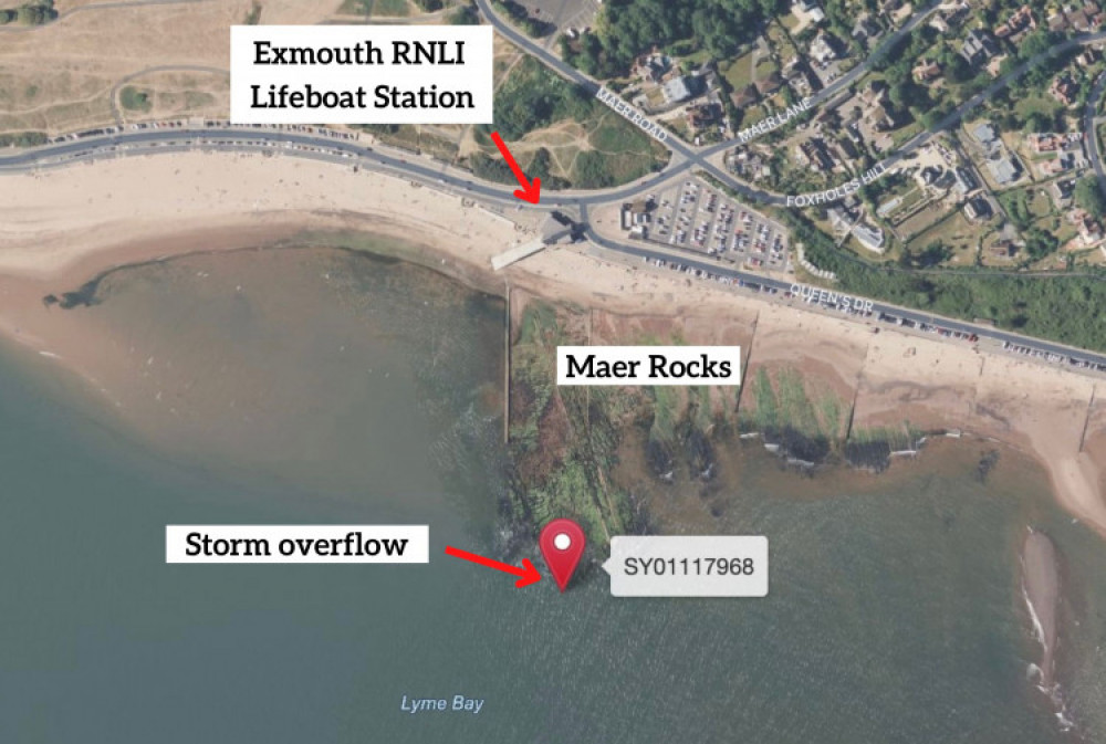 Storm overflow location at Exmouth beach (Apple Maps)