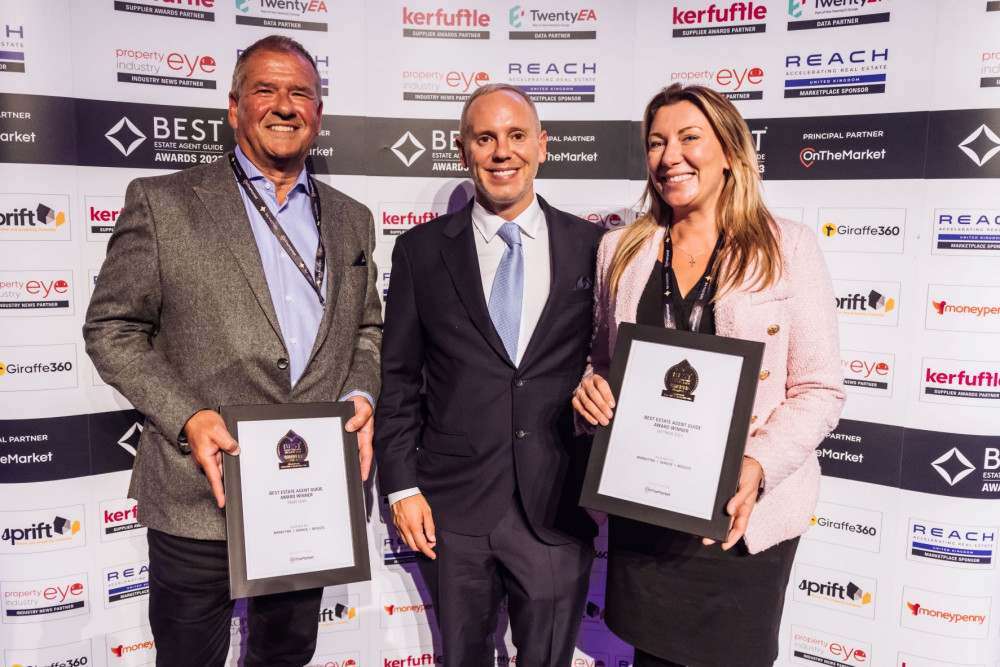 Representing Gascoigne Halman at the awards: Peter Higham (L), managing director, Rebecca Whitehead (R), director of Lettings and host, Judge Rinder (Image - Gascoigne Halman)