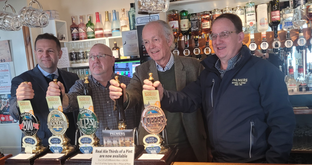 Landlord Gary Needs, with Palmers Brewery director John Palmer, managing director Jim Jones, and head brewer Darren Batten