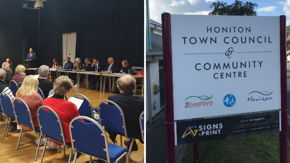 L: Last year's Annual Town Meeting (Nub News) R: The Honiton Town Council sign outside The Beehive (Nub News)