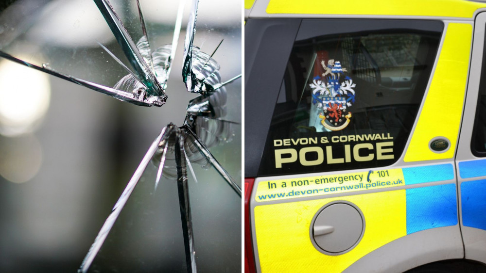 Only 6% of burglaries result in a court summons or charge (Left: A smashed window and R) a Devon and Cornwall police car 