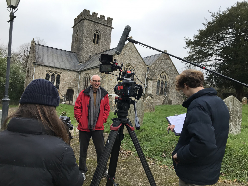 Filming the documentary outside St Michael’s Church Shute (photo credit: James Soldan) 