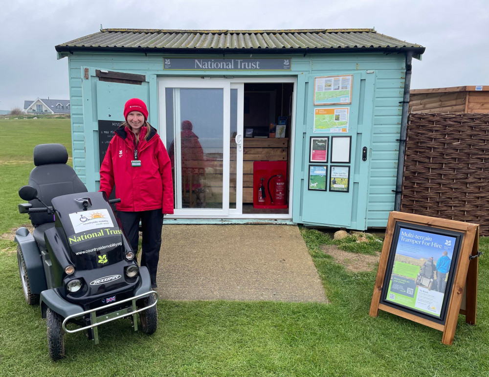 The Tramper scooter at the National Trust's welcome hut at Hive Beach, Burton Bradstock (photo credit: Lisa Wilcock, National Trust)