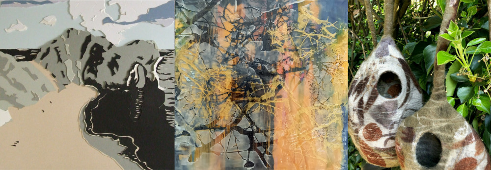 From left, Relief Sculpted Landscape, Encaustic Wax, Ecoprint From left, Relief Sculpted Landscape, Encaustic Wax, Ecoprint