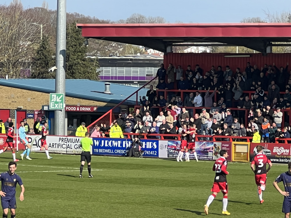 Stevenage 2-1 AFC Wimbledon. PICTURE: The Boro side celebrate Jamie Reid's second half goal. CREDIT: @laythy29 