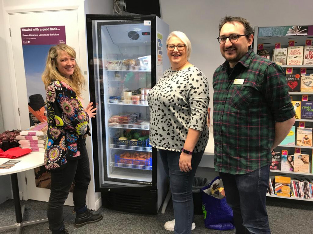 From left, Eleanor Carr and Carly Dean Tribble from Seaton Chamber, and Richard O’Mahoney, Seaton Library supervisor