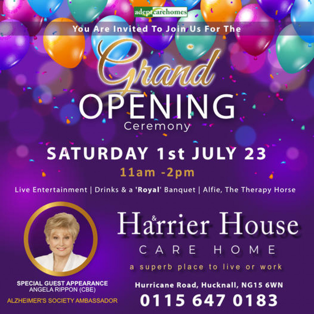 Former BBC Nine O’Clock News presenter and Alzheimer’s Society Ambassador, Angela Rippon (CBE) is to officially open a Hucknall care home this summer. Image courtesy of Harrier House Care Home.