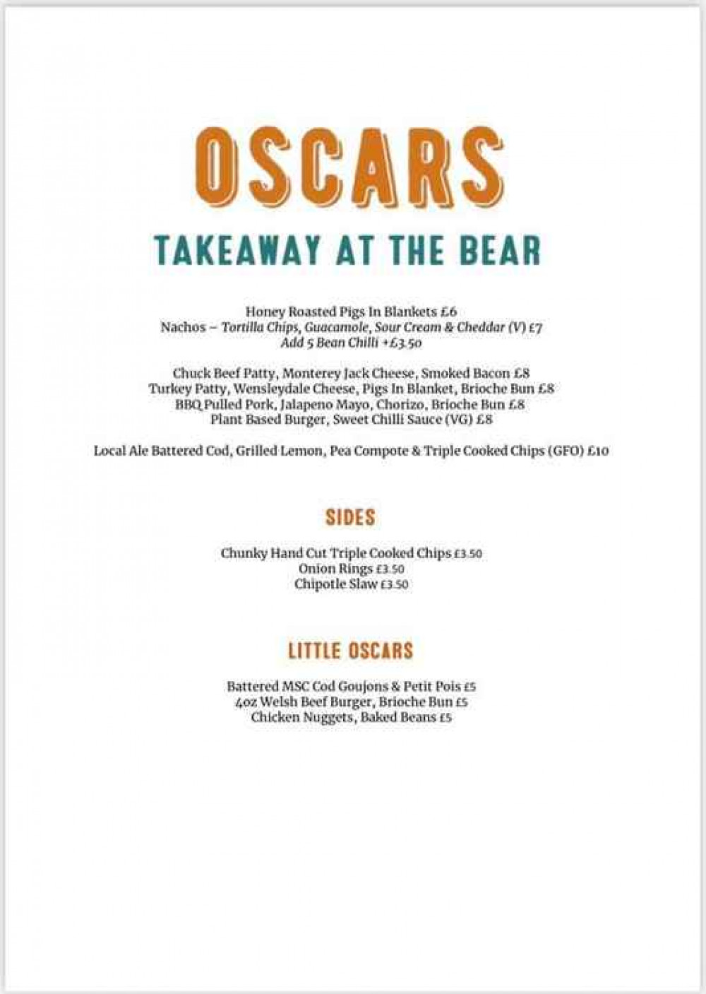 The takeaway menu for Oscars The takeaway menu for Oscars