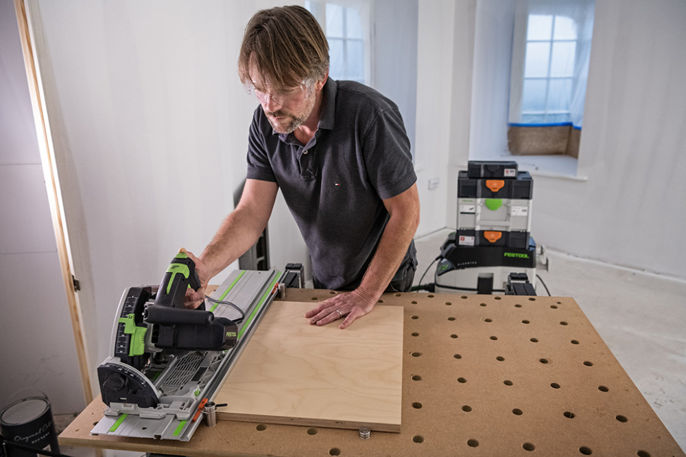 Tim Styles using a track saw cutting station made using the UJK Parf MKII Guide System 