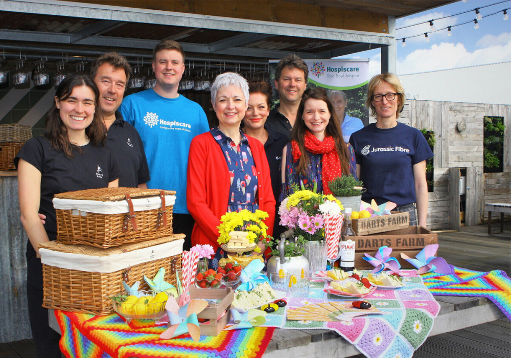 Maddie Dart and Michael Dart of Darts Farm, Martin Stokke, Sarah Smith of Hospiscare, Annabel McCabe of Jurassic Fibre, James Dart, Tori Vince of Hospiscare and Vladka LeHunte of Jurassic Fibre (Hospiscare/ Jill Pendleton)