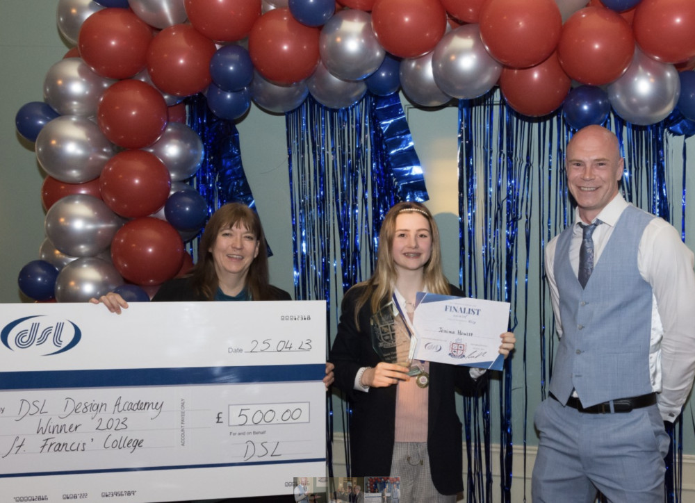 Datasound Laboratories Ltd (DSL) announced the winner of its inaugural Design Academy 2023 award is 15-year-old Jemima Hewitt (middle) from St Francis College, Letchworth. DSL managing director Rory Dear (right). CREDIT: DSL