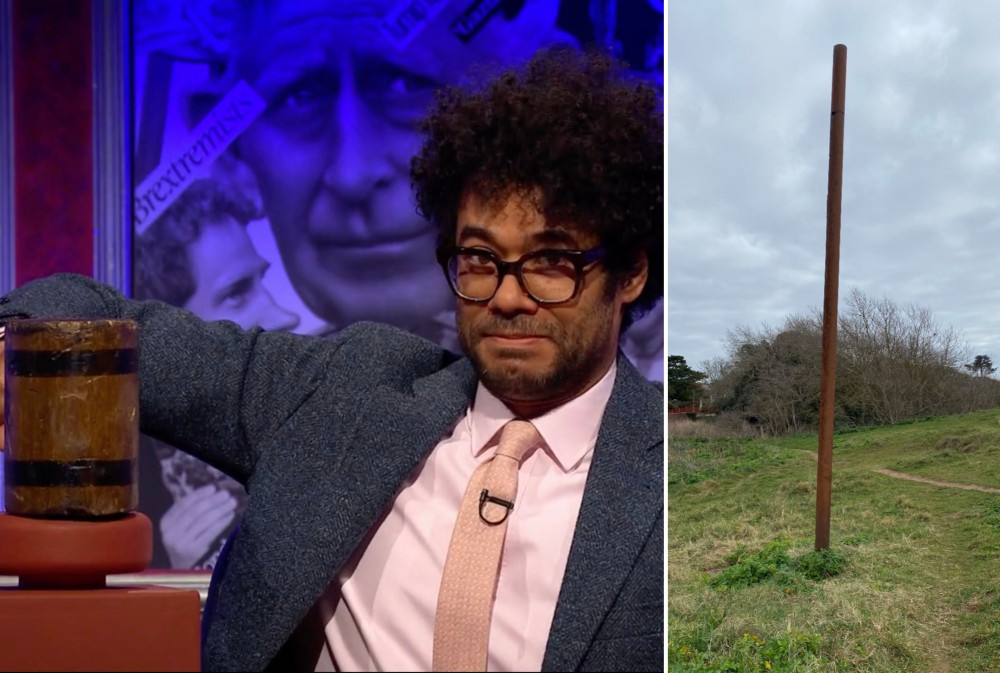 L: Richard Ayoade hosting Have I Got News For You (BBC). R: Exmouth's Rusty Pole (Mike Menhenitt)