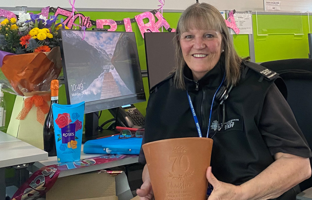 A 999 call handler, who used to work as a police officer in Hucknall, enjoyed a “wonderful” surprise ahead of her 70th birthday – as police colleagues adorned her workstation with balloons, flowers and gifts. Photo courtesy of Nottinghamshire Police.