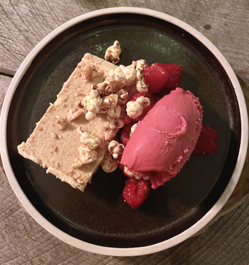 Banana parfait with peanut butter popcorn and raspberry sorbet