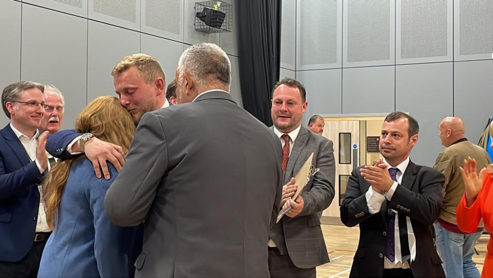 Cllr Tom Hollis In Tears Hugging His Partner After Being Re Elected To Represent Huthwaite And Brierley. Photo courtesy of LDRS.