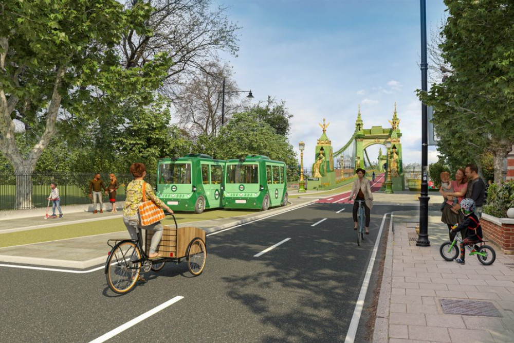 A climate change charity is calling for Hammersmith Bridge to be permanently closed to petrol and diesel vehicles in a shift to making it a green route across the Thames. Credit: Possible. A climate change charity is calling for Hammersmith Bridge to be permanently closed to petrol and diesel vehicles in a shift to making it a green route across the Thames. Credit: Possible.