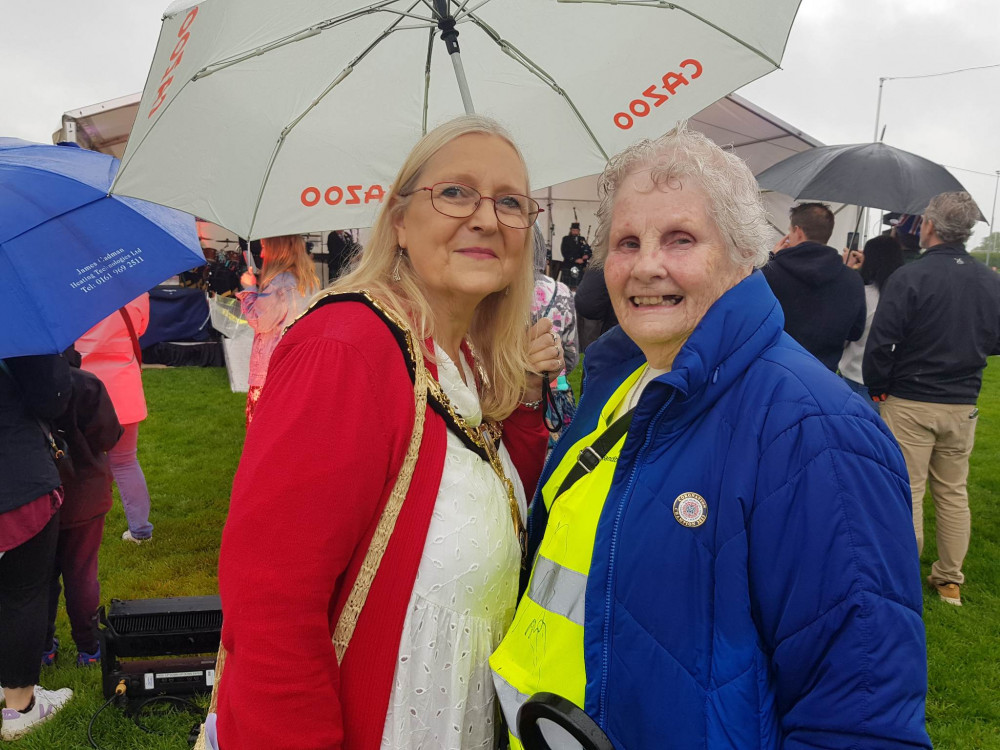 Sandbach's Coronation champion, Ann Nevit (right) with Sandbach Mayor Cllr Kathryn Flavell at Sandbach's big town Coronation which she helped organise. (Photo: John Beddows)  