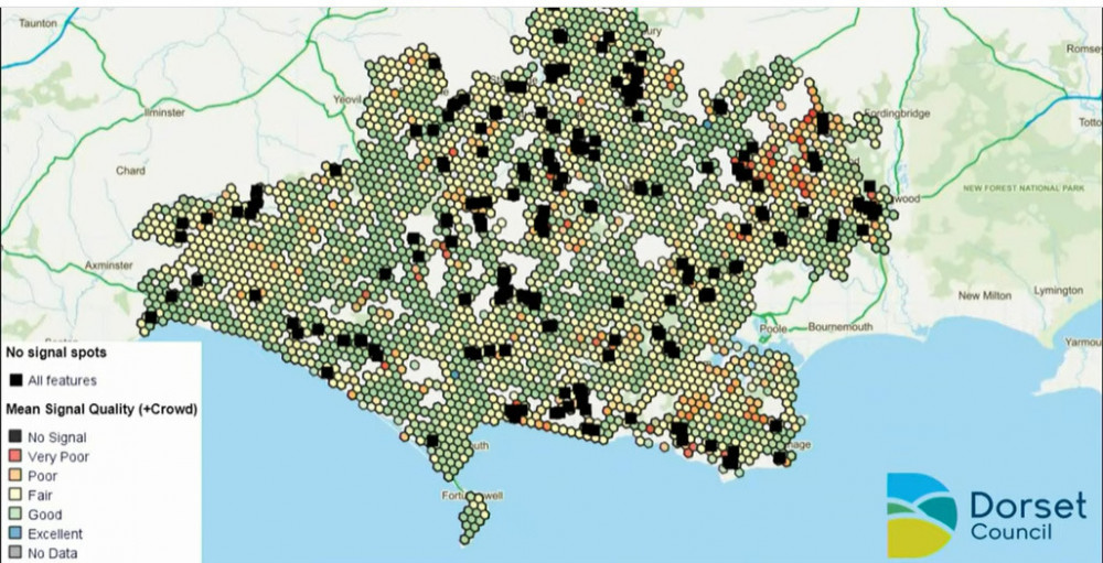 Map showing mobile phone coverage in Dorset – as tested by Dorset Council staff