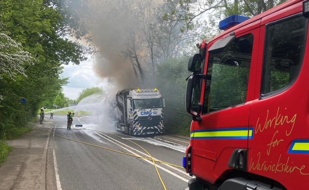 The transporter caught fire on the A4177 Birmingham Road yesterday - May 17 (Image via Kenilworth Fire Station)