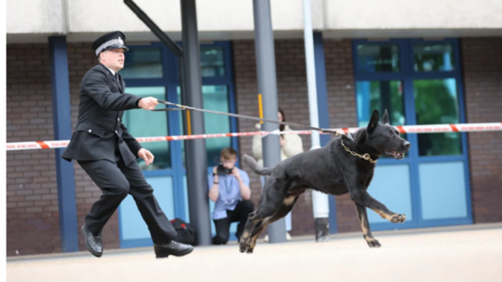 Police dogs and their handlers from across the UK have gathered in Nottinghamshire for four days of competition focused on the core disciplines of dogs policing. Pictured: PC Chris Duffy and his dog Reno from Nottinghamshire Police.  Photo courtesy of Nottinghamshire Police.