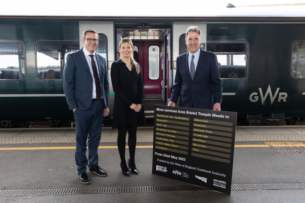 Metro Mayor Dan Norris with GWR's Claire Morgan and Network Rail's Daniel Round at Bristol Temple Meads