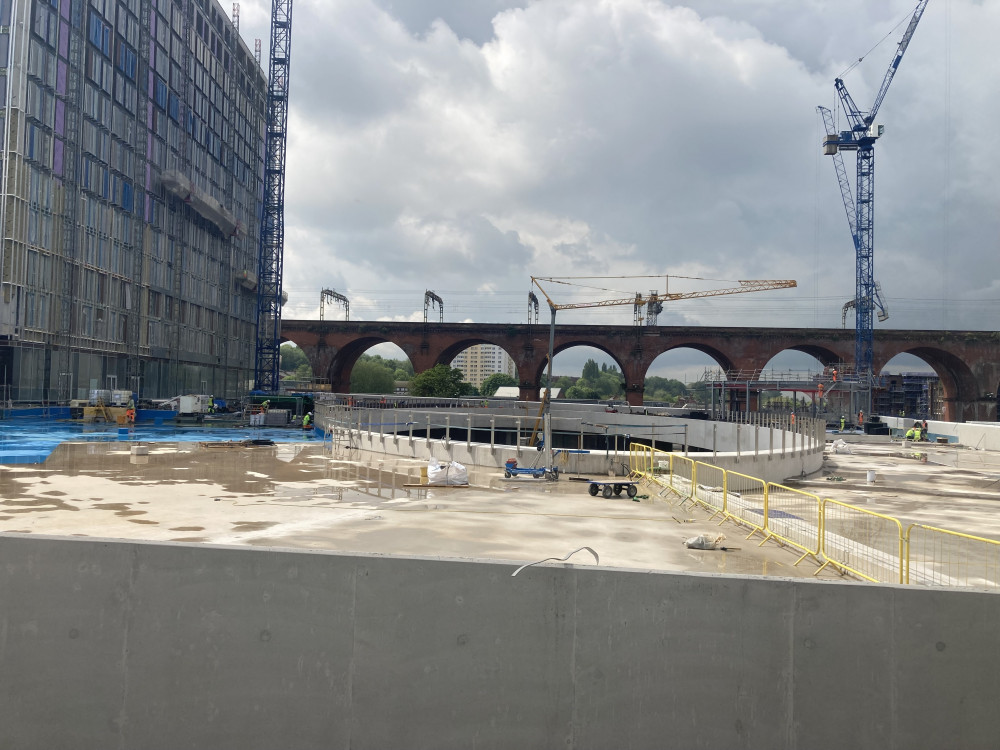 The oval shape of the interchange is visible here.  It sits in the shadow of the historic viaduct (Image - Alasdair Perry)