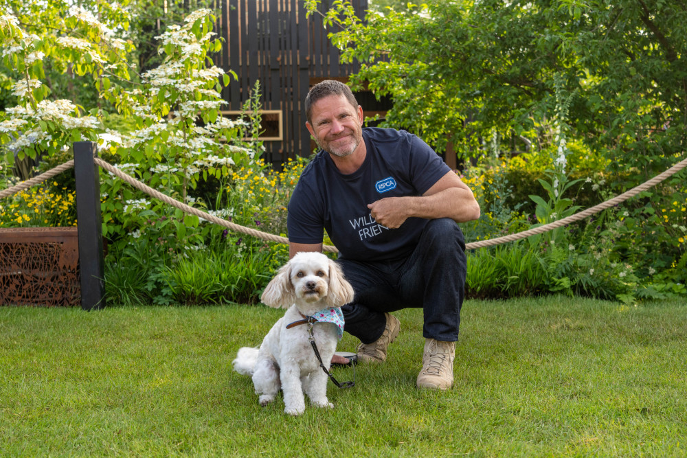 Steve Backshall, RSPCA vice president and ‘Wildlife Friend’ plays with a wildlife-friendly frisbee with rescued puppy-farm dog Daisy at The RSPCA Garden at RHS Chelsea Flower Show. USE © Jeff Moore Steve Backshall, RSPCA vice president and ‘Wildlife Friend’ plays with a wildlife-friendly frisbee with rescued puppy-farm dog Daisy at The RSPCA Garden at RHS Chelsea Flower Show. USE © Jeff Moore