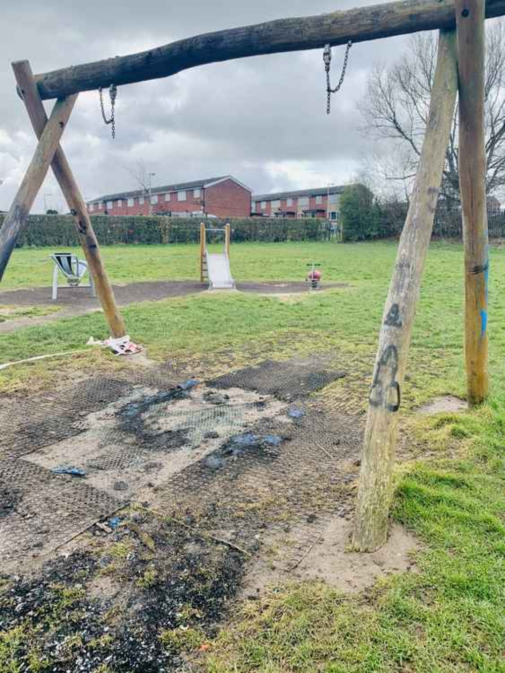 The damaged swing in Saltworks play area The damaged swing in Saltworks play area