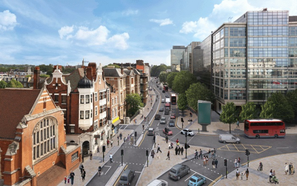 Artist's impression of Cycleway 9 looking east along Hammersmith Road. Photo: TfL.