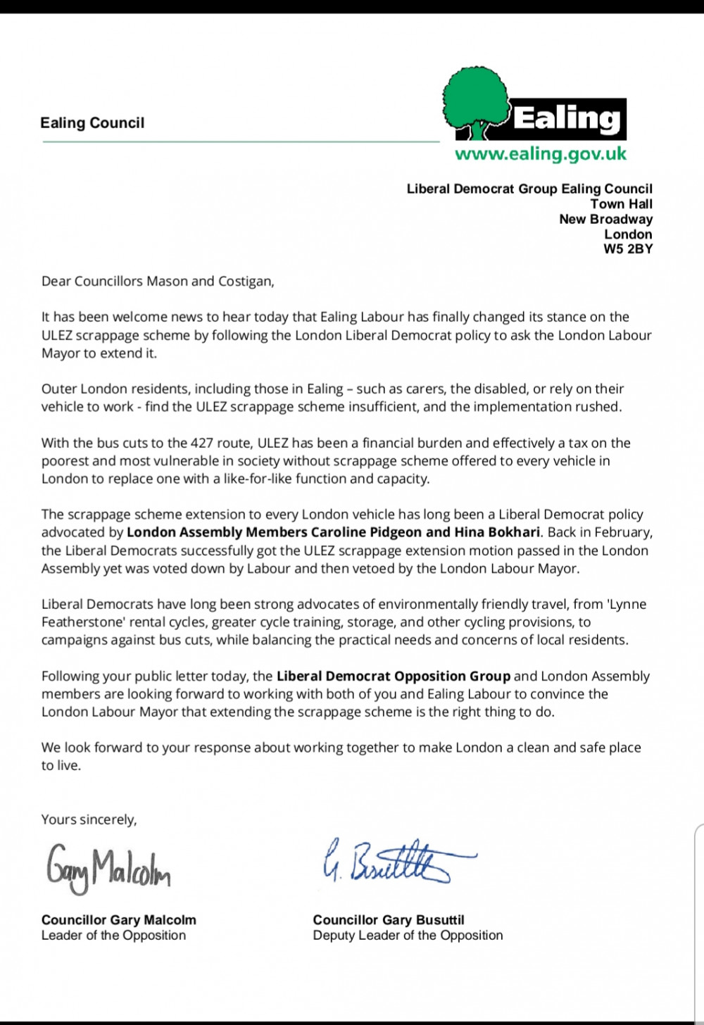 Open letter from Leading Ealing Lib Dems to Ealing Council Leader on ULEZ Open letter from Leading Ealing Lib Dems to Ealing Council Leader on ULEZ