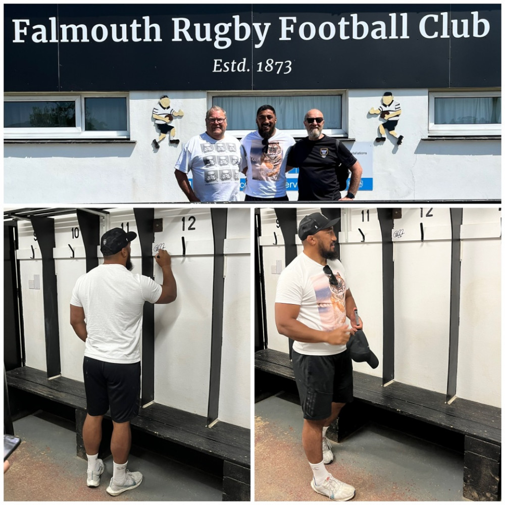 Mick Stevens (facilities manger), Bundee Aki , John Bullock (chairman) outside the club (Image: Mick Stephens/Falmouth Rugby)   